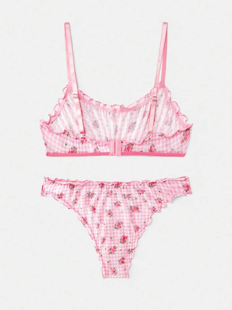 Printed Mesh Bralette And Panty With Contrast Ruffles Mesh Lingerie Set Pink Lingerie Spring Summer Sexy Lingerie Cute Lingerie Matching Bra And Panties Set Panty And Bras Sets Pink Floral Lingerie