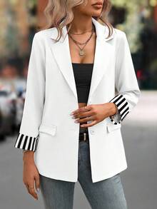 EMERY ROSE Women's Minimalist Everyday Striped Cuff Long Sleeve Blazer - White - View 6