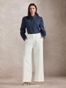Briarwyn Camisa de mujer de manga larga a rayas con cuello asimétrico, elegante para el verano - Azul - Ver 8