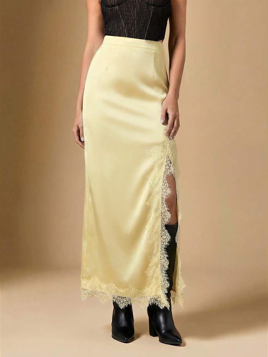 Briarwyn 夏季女款高腰淡黃色長裙,秋季優雅緞面休閒女裙,情人節約會之夜優雅長裙 - 淡黃色 - 查看 1