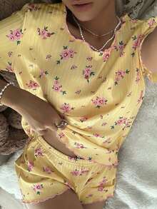 CottageSlumber Floral Rib Knit Loose Fit Short Sleeve & Shorts Pajama Set For Women - Ginger - View 5