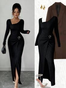 Elenzga Tall Women's Solid Color Asymmetric Collar Long Sleeve Split Hem Dress - Black - View 1