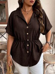 Weeklong Zanzea Women's Plus Size Brown Summer Smart Casual Blouse,Drawstring Waist Button Up Shirt,Elegant Vintage Textured Fabric Tops For Vacation,Party - Brown - View 4
