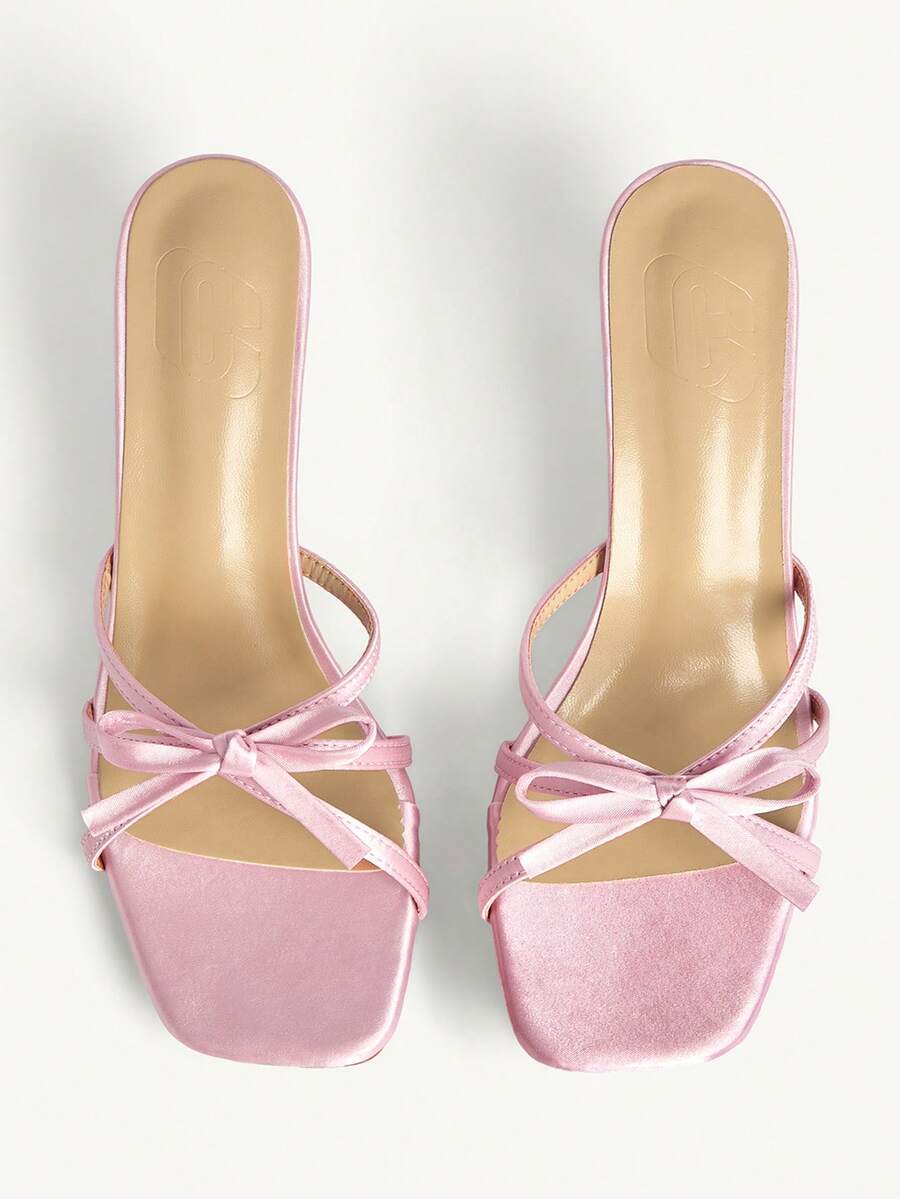 CUCCOO CHICEST Pink Satin Bow High Heel Square Toe Thin Strap Thin Heel Outer Wear Temperament Banquet Sandals Summer Shoes - Pink - View 1