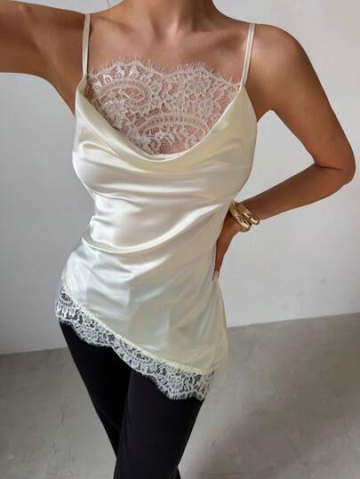 Firerie 女士优雅春夏休闲浪漫婚礼宾客派对约会假日休闲时尚缎面蕾丝拼接无袖纯色不对称上衣，舒适柔软，适合情人节、音乐节、婚礼季和夏季穿着。