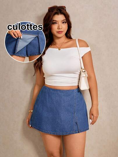 Elaquor Plus Size Women Denim Skirt Pants With Side Slit Hem