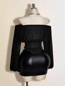 SHEIN ICON 女士棕色露肩长袖西式拼接腰部上衣，秋冬季 - 黑色 - 查看 8