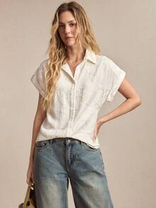 BizChic 春夏新款杏色领前襟纽扣肩部包袖袖口刺绣花卉图案基础休闲女衬衫，夏季度假风 - 杏色 - 查看 6