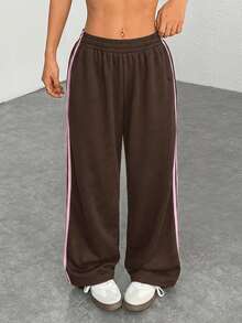 SHEIN EZwear Calça Casual com Listras Laterais Marrons Plus Size para Mulheres, Moda Minimalista, Uso Diário, Adequada para Formatura, Volta às Aulas, Traje de Professor - Castanho - Visão 10