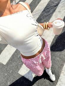 SHEIN EZwear 春夏新款休闲外出日常穿搭派对音乐节返校毕业度假街头休闲探索城市漫步多场合穿搭，可外穿或内搭，松紧腰带，抽绳设计，粉色豹纹卫衣面料5英寸短裤，大码 - 彩色 - 查看 5