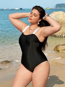 Swim Lushoire Áo tắm liền thân cỡ lớn dành cho nữ với dây đeo phối màu tương phản - Đen và trắng - Xem 3