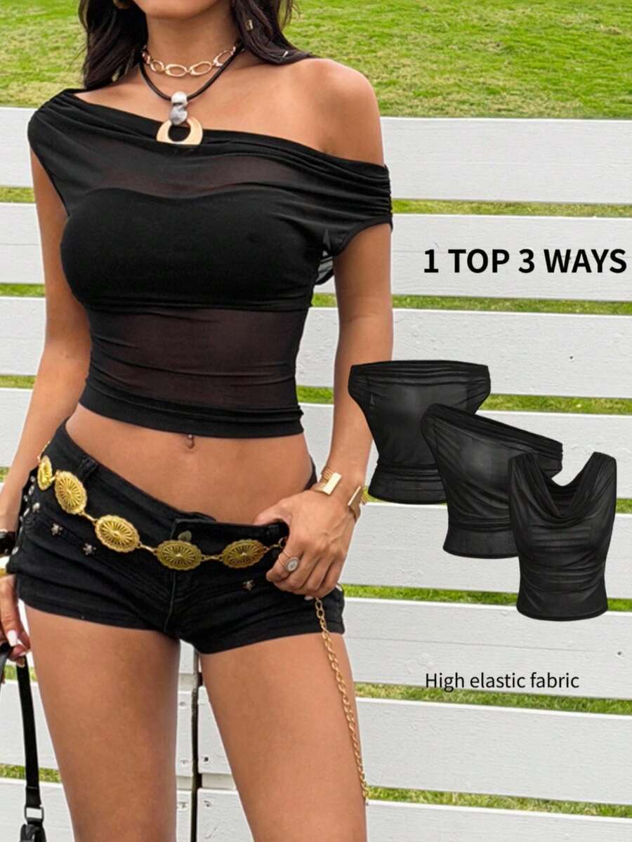 SHEIN EZwear 女士西部风格黑色网纱露肩上衣 - 黑色 - 查看 1