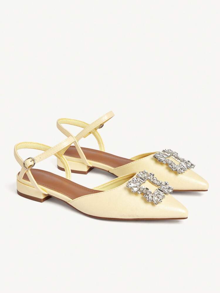 CUCCOO CHICEST Women Shoes New French Temperament Rhinestone Square Buckle Sexy Light Yellow Pointed Flat Low-Heeled Shoes, Fashionable, Elegant, Comfortable And Not Tired Of Feet, Fairy Style High-End Closed Toe Sandals