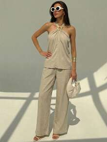 Aloruh 女士夏季休闲纯色露背吊带上衣和裤子两件套 - 彩色 - 查看 2