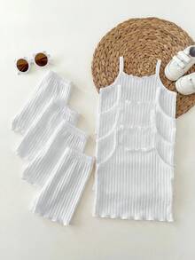 Baby Girl Solid Color Ribbed Camisole And Shorts Casual Set - Multicolor - View 2