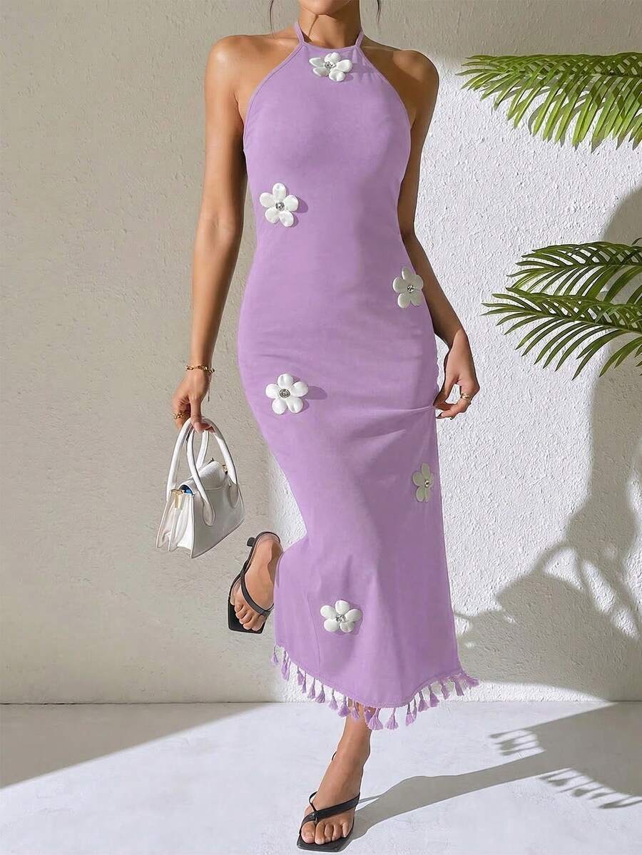 Rafferiza Đầm ôm dáng cổ yếm họa tiết hoa, tua rua ở gấu váy. - Màu Lilac Tím - Xem 1