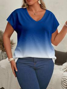 EMERY ROSE 大码女式休闲度假时尚街头日常通勤渐变字母印花V领蝙蝠袖短袖T恤 - 彩色 - 查看 4