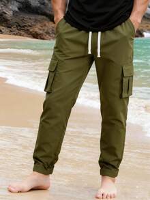Manfinity Homme Men's Solid Color Casual Pants Men Cargo Pants Army Green - Green - View 2