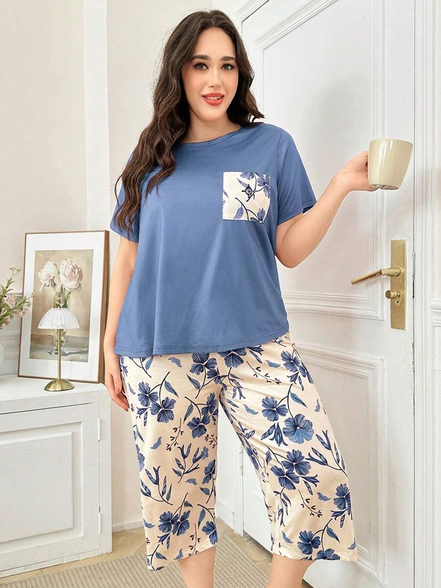 SHEIN Plus Size Purple Floral Print Pocket Floral Plus Size Pijamas For Women Plus Size Pyjama Set Plus Size Pjamas Set For Women Curve PJSs For Women - Blue - View 1