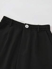 SHEIN Franclia 夏季清新姜黄色纹理阔腿裤 - 常规腰身蕾丝腰带单扣宽松垂坠休闲裤，博主风通勤度假长裤，黑色韩版女裤，新款黑色女裤 - 黑色 - 查看 6