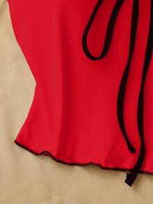 SHEIN LUNE 女士蝴蝶结荷叶边吊带背心，优雅修身 - 紅色 - 查看 6