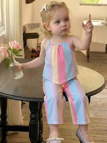 SHEIN Bộ đồ bé gái mùa hè kiểu dáng thường ngày kẻ sọc vạt lệch vai gồm áo hai dây và quần. - Nhiều màu - Xem 1