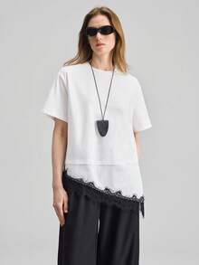 Ontre 女士圆领蕾丝拼接休闲百搭日常短袖T恤，蕾丝边饰T恤，夏季女士上衣，女士短袖上衣，夏季上衣 - 黑色 - 查看 7