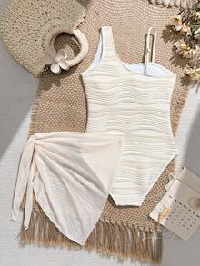 SHEIN Tween Girl Wavy Textured Shell Decor Camisole One-Piece Swimsuit And Mini Skirt, Suitable For Beach Vacation, Pool Party, Beach Party - Beige - View 2