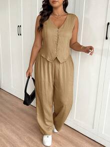 SHEIN Frenchy Plus Size Women Blazer Vest Design Casual Pants Suit - Khaki - View 4