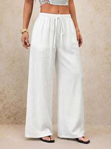 SHEIN PETITE 春夏女装浪漫/舞会/正式/生日/90年代风格/商务休闲/优雅/西式/外出/时尚/休闲/Y2K风格/夜店/办公室/鸡尾酒会/复古/紧身/锐舞派对/音乐节/趣味/优雅/老钱/街头风/度假装/乡村音乐会/工作装/端庄/春假/单身派对/演唱会/酷炫/基础款/毕业/低腰/宽松/直筒/阔腿/裤子 - 白色 - 查看 4