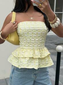 Siren Gaze Women's Elegant Jacquard Ruffle Hem Bandeau Top, Summer Yellow Summer Top Yellow Strapless Top Yellow Top Yellow Floral Top Yellow Peplum Top - Yellow - View 4
