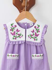 Souflis Souflis Baby Girls' Summer New Arrival Cute Peter Pan Collar Butterfly Print Ruffle Decor Front Pocket Design Open Back Sweet Casual Princess Dress - Purple - View 4