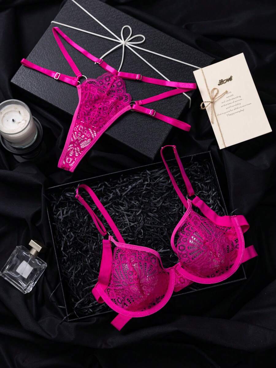 2pcs Orange Underwire Lace Bra Set, Fresh And Youthful - Hot Pink - View 1