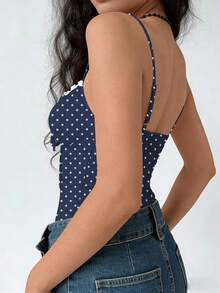 Rina Fox 女士波点撞色蕾丝镂空系带吊带背心，性感约会、度假必备，包容性强，修身显瘦，复古风，新品上市，修饰梨形身材，3D立体剪裁，复古性感，荷叶边肩带，复古印花 - 藏蓝色 - 查看 2