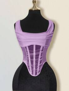 SHEIN ICON Mesh Plunging Neck Fishbone Bustier Camisole - Purple - View 9