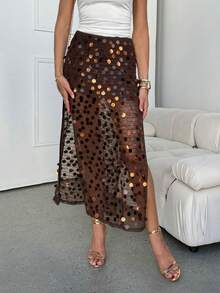 Lavishia Women's Mesh Sequin Side Slit Sexy Fashion Mini Skirt - Chocolate Brown - View 1