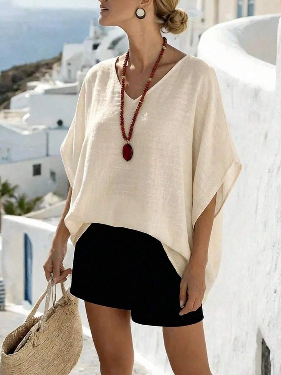 EMERY ROSE 女士休闲纯色蝙蝠袖衬衫 - 杏色 - 查看 1