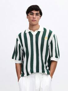 SUMWON 男士短袖针织Polo衫，经典领型，条纹图案设计，休闲春夏上衣 - 綠色 - 查看 1