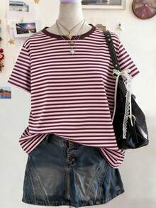 Lalippa 女士条纹休闲宽松圆领短袖T恤 - 彩色 - 查看 3