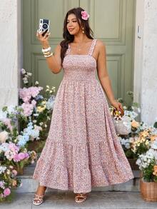 Breezaya Robe longue sans bretelles à volants et taille cintrée avec imprimé floral pour femmes grandes tailles. Convient pour les festivals de musique, les rassemblements de la fête des mères, les fêtes, les mariages, les vacances bohèmes, le port quotidien au Moyen-Orient, le printemps/été - Rose bonbon - Voir 1