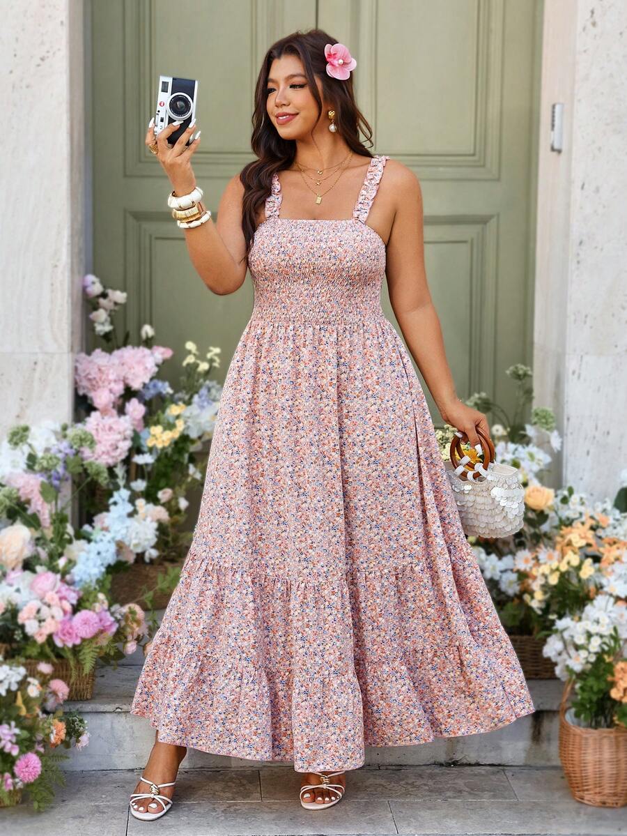 Breezaya Robe longue sans bretelles à volants et taille cintrée avec imprimé floral pour femmes grandes tailles. Convient pour les festivals de musique, les rassemblements de la fête des mères, les fêtes, les mariages, les vacances bohèmes, le port quotidien au Moyen-Orient, le printemps/été - Rose bonbon - Voir 1