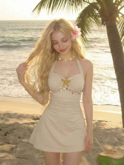 SHEIN MOD Đầm cổ yếm màu be kiểu cổ điển thập niên 70 với họa tiết đại dương, sao biển và vỏ sò, chi tiết xếp ly – Phong cách phương Tây, cổ điển, thích hợp cho các buổi tiệc, hẹn hò, dự tiệc, trang phục mùa hè và mùa xuân cho nữ, kỳ nghỉ xuân, du lịch, dã ngoại, lễ hội, sinh nhật.