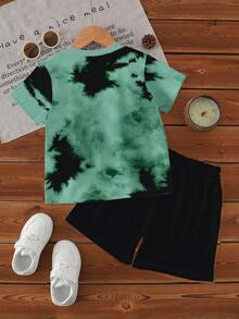 一套幼儿男童休闲酷炫卡通怪兽卡车扎染渐变印花短袖T恤和短裤套装，适合日常外出、街头、运动、休闲穿着、夏季服装 - 彩色 - 查看 2