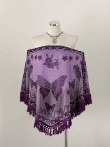 Sunspun Áo choàng Poncho kiểu dáng Boho thanh lịch mới, chất liệu chiffon nhăn, in họa tiết phối hợp, viền tua rua, thích hợp cho kỳ nghỉ Xuân/Hè/Thu. - Màu tím - Xem 3