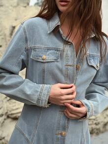 MOTF PREMIUM WOMEN'S FRONT BUTTON DROP SHOULDER DENIM DRESS - Baby Blue - View 2