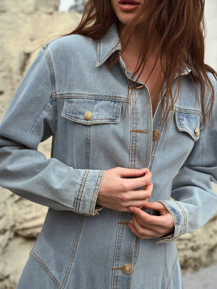 WOMEN'S FRONT BUTTON DROP SHOULDER DENIM DRESS