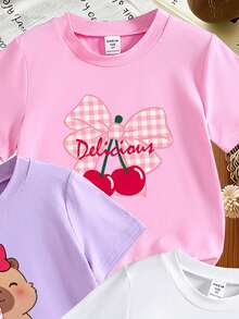 Bộ 3 áo thun ngắn tay cổ tròn màu trắng/hồng/tím dành cho bé gái, kiểu dáng thường ngày, họa tiết hoạt hình chuột lang nước, nơ anh đào và hình ảnh đại dương, thời trang và dễ thương cho mùa hè. - Màu tím - Xem 6