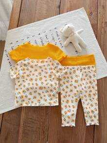 SHEIN LMoss Kids 新生女宝宝夏季休闲碎花荷叶边圆领短袖上衣和裤子四件套针织睡衣套装 - 彩色 - 查看 2