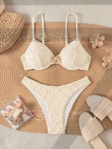 Swim Mod Bonvoyette White 2-Piece Swimwear,Cute Summer Textured Gold Circle Underwire Bra&High Cut Bikini Bottoms, Women's Pool Party Holiday Beachwear - Apricot - View 4