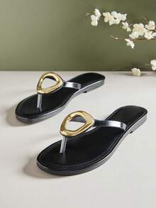 SHUZIA 女士舒适金属装饰平底拖鞋 - 黑色 - 查看 7